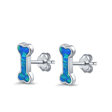 Dog Bone Stud Earrings Lab Created Blue Opal 925 Sterling Silver (5mm)